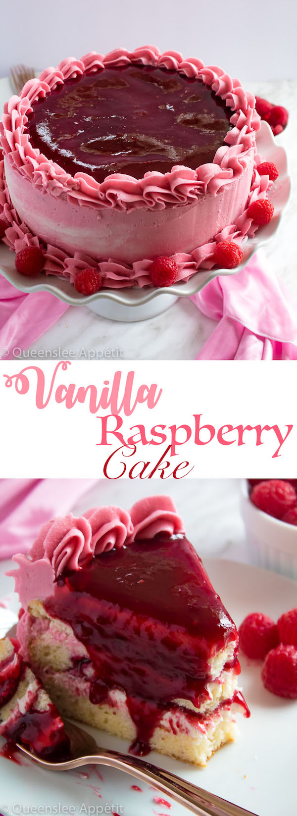 This Vanilla Raspberry Cake has moist and fluffy layers of vanilla cake. Between those layers is a vanilla buttercream with a raspberry sauce. Decorated with a raspberry and vanilla buttercream watercolour design, raspberry buttercream border, garnished with fresh raspberries and more raspberry sauce in the middle.