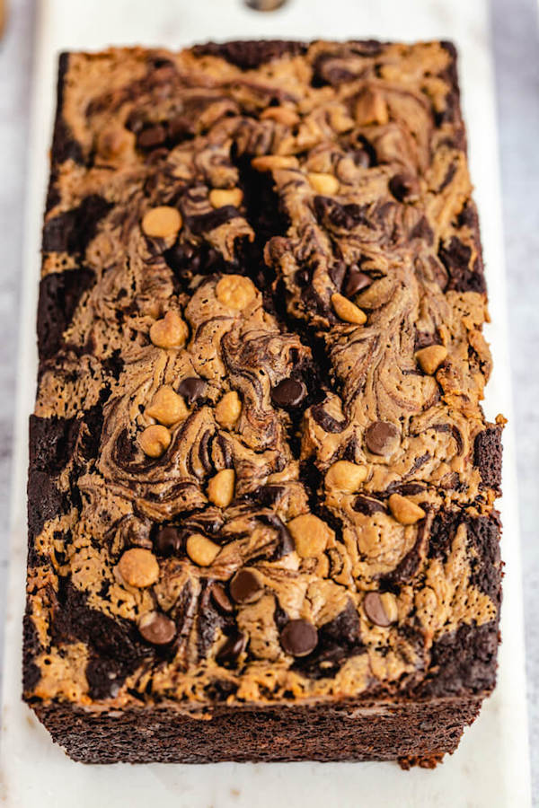 close up of peanut butter swirled chocolate banana bread 