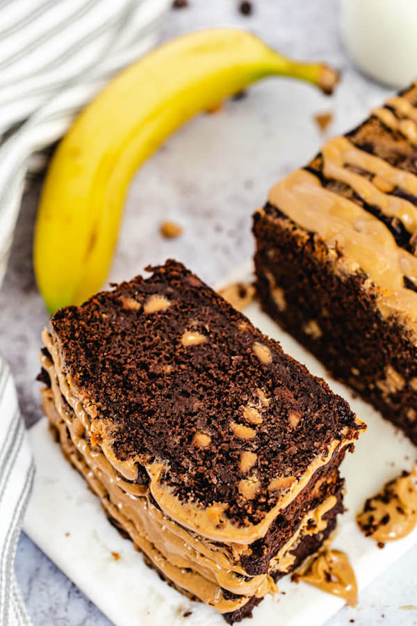 stack of chocolate and peanut butter flavoured banana bread slices