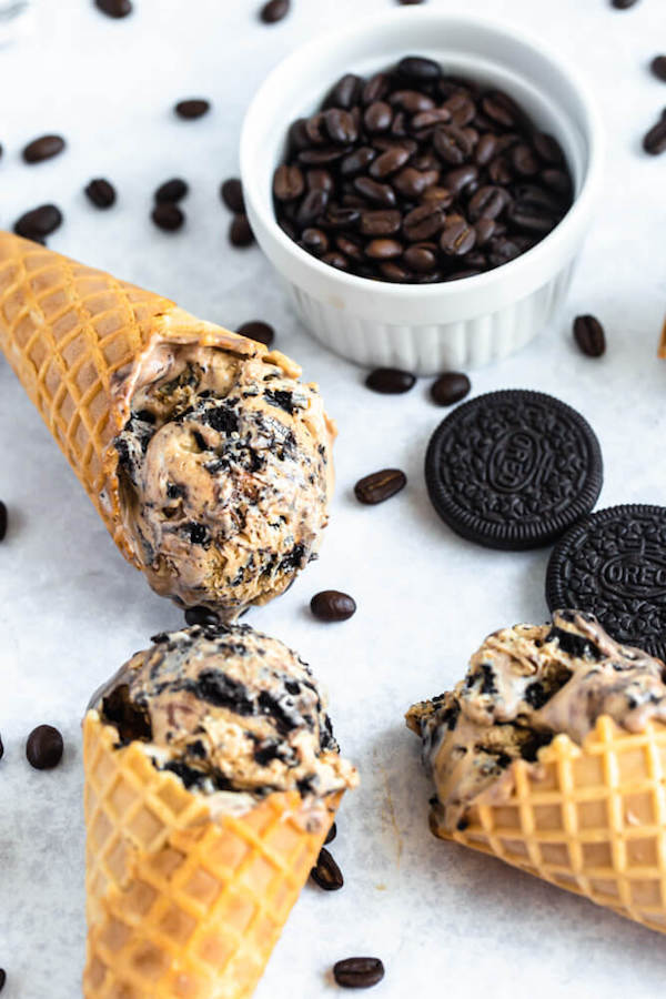 no-churn coffee ice cream with chunks of Oreo and a swirl of Nutella ganache