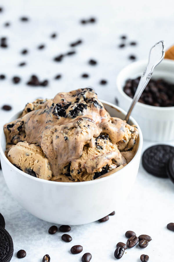 no-churn coffee ice cream with chunks of Oreo and a swirl of Nutella ganache