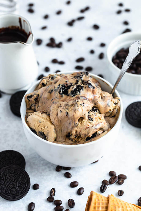 no-churn coffee ice cream with chunks of Oreo and a swirl of Nutella ganache