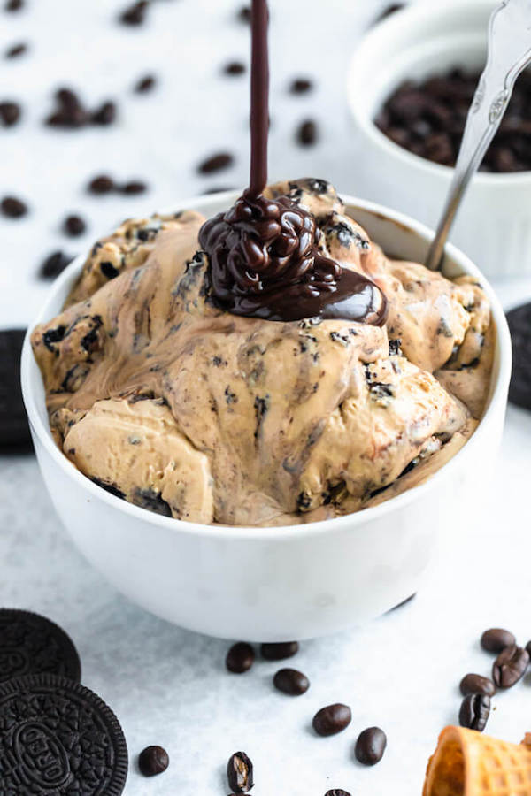 no-churn coffee ice cream with chunks of Oreo and a swirl of Nutella ganache