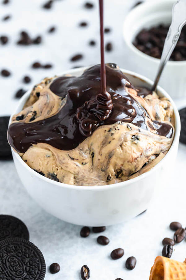 no-churn coffee ice cream with chunks of Oreo and a swirl of Nutella ganache