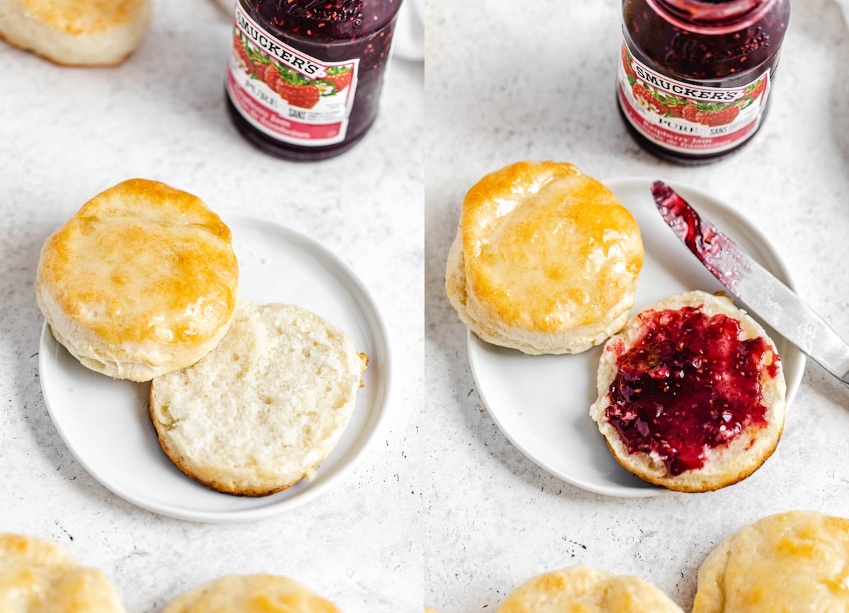 plain biscuit cut in half and raspberry jam spread on one side