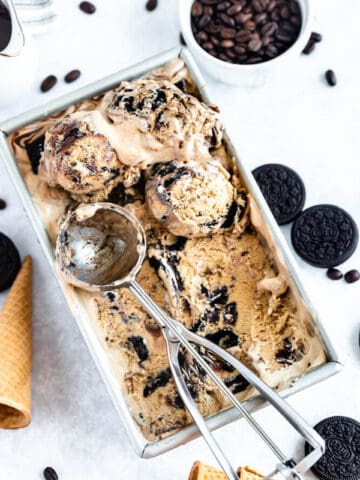 no-churn coffee ice cream with chunks of Oreo and a swirl of Nutella ganache