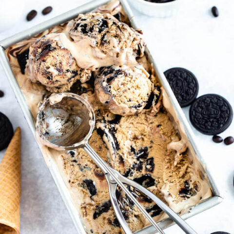 no-churn coffee ice cream with chunks of Oreo and a swirl of Nutella ganache