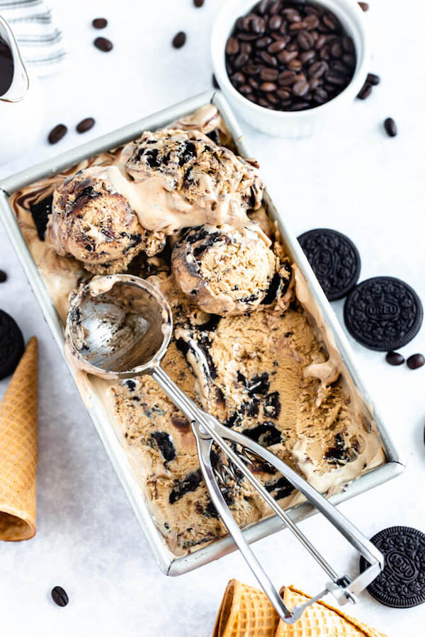 no-churn coffee ice cream with chunks of Oreo and a swirl of Nutella ganache