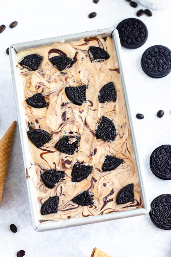 no-churn coffee ice cream with chunks of Oreo and a swirl of Nutella ganache