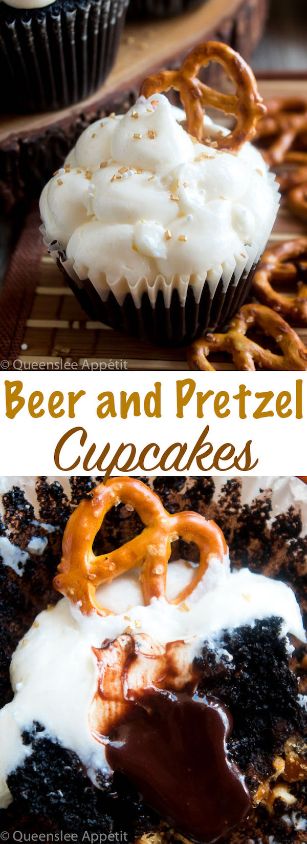 These Beer and Pretzel Cupcakes are made with a salty crunchy pretzel crust, a beer flavoured chocolate cupcake filled with a beer ganache and topped with beer buttercream! These beer flavoured cupcakes would make a great gift for Father’s Day. 