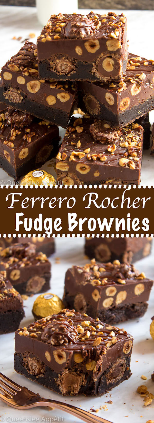 These Ferrero Rocher Fudge Brownies are the ultimate dessert bars! A Ferrero Rocher stuffed fudge brownie, topped with a creamy Nutella Fudge filled and topped with Ferrero Rochers and roasted hazelnuts. Take these bars to another level with a drizzle of silky Nutella Ganache and you’ve got the greatest brownie ever!  