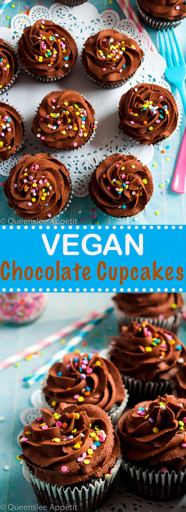 These Vegan Chocolate Cupcakes are super moist and full of chocolate flavour! Topped with a luxuriously rich Vegan Chocolate Buttercream, you’d never guess that these cupcakes are 100% dairy and egg-free! 