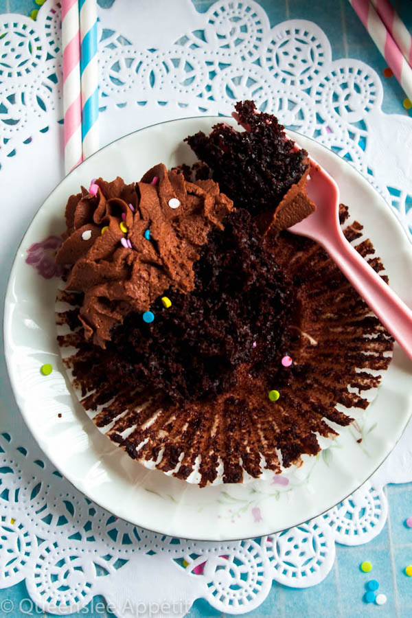 These Vegan Chocolate Cupcakes are super moist and full of chocolate flavour! Topped with a luxuriously rich Vegan Chocolate Buttercream, you’d never guess that these cupcakes are 100% dairy and egg-free! 