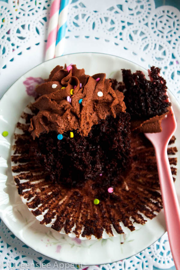 These Vegan Chocolate Cupcakes are super moist and full of chocolate flavour! Topped with a luxuriously rich Vegan Chocolate Buttercream, you’d never guess that these cupcakes are 100% dairy and egg-free! 