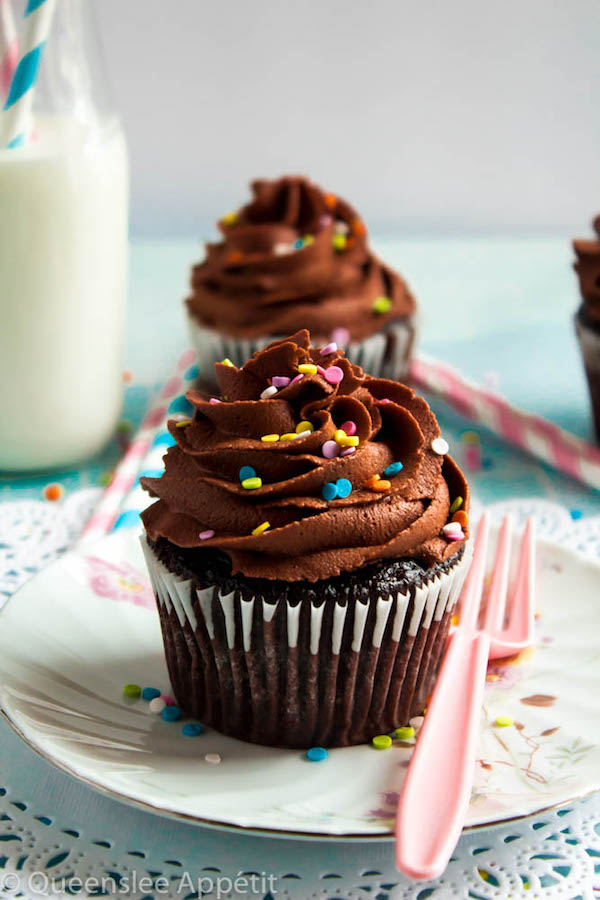 These Vegan Chocolate Cupcakes are super moist and full of chocolate flavour! Topped with a luxuriously rich Vegan Chocolate Buttercream, you’d never guess that these cupcakes are 100% dairy and egg-free! 