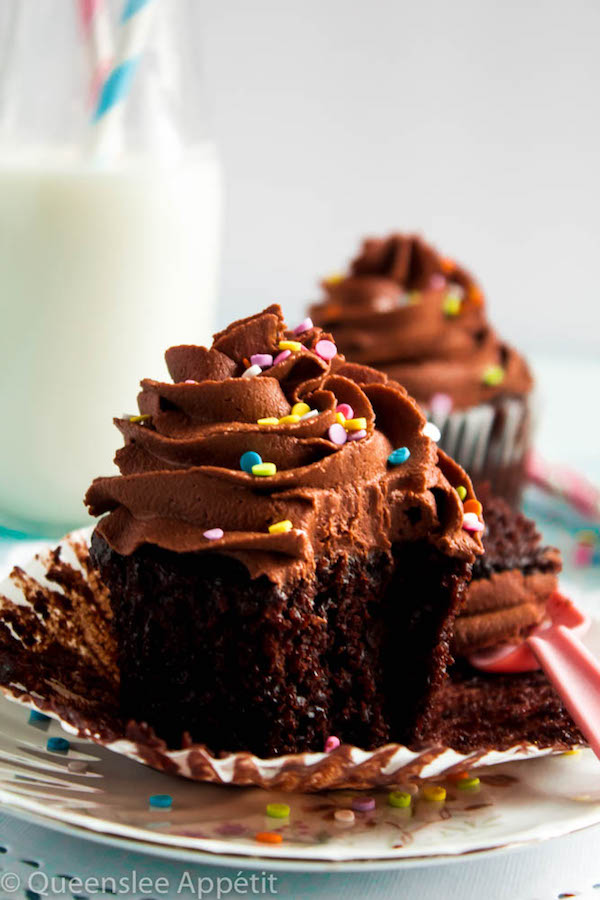 These Vegan Chocolate Cupcakes are super moist and full of chocolate flavour! Topped with a luxuriously rich Vegan Chocolate Buttercream, you’d never guess that these cupcakes are 100% dairy and egg-free! 