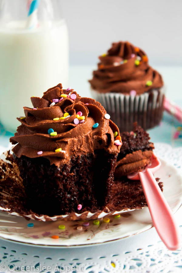 These Vegan Chocolate Cupcakes are super moist and full of chocolate flavour! Topped with a luxuriously rich Vegan Chocolate Buttercream, you’d never guess that these cupcakes are 100% dairy and egg-free! 