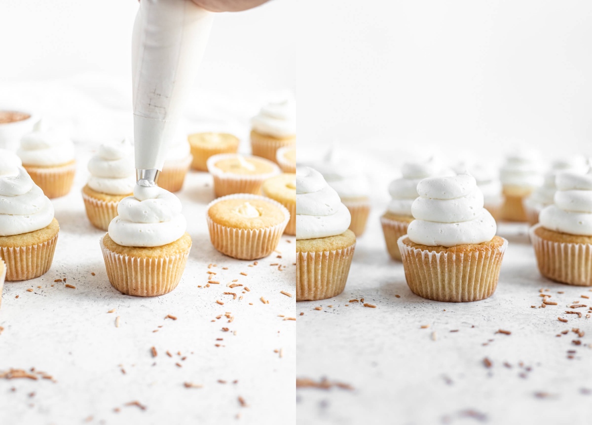 piping buttercream onto cupcakes