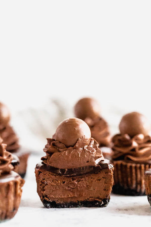 mini chocolate cheesecakes made with an Oreo crust and topped with dark chocolate ganache, chocolate whipped cream and chocolate truffles.