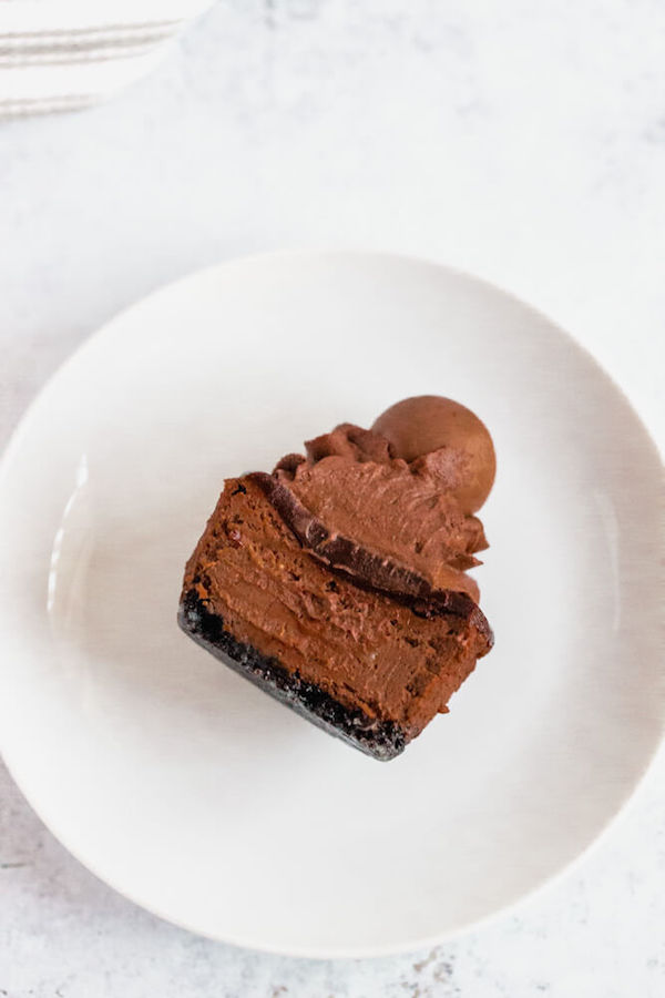 mini chocolate cheesecakes made with an Oreo crust and topped with dark chocolate ganache, chocolate whipped cream and chocolate truffles.