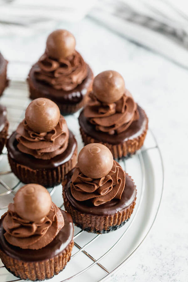 mini chocolate cheesecakes made with an Oreo crust and topped with dark chocolate ganache, chocolate whipped cream and chocolate truffles.