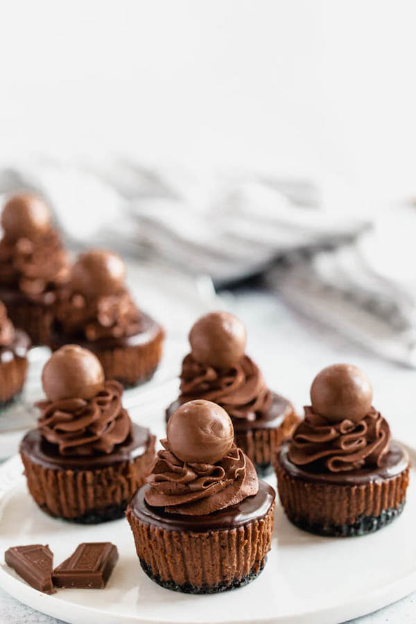 mini chocolate cheesecakes made with an Oreo crust and topped with dark chocolate ganache, chocolate whipped cream and chocolate truffles.