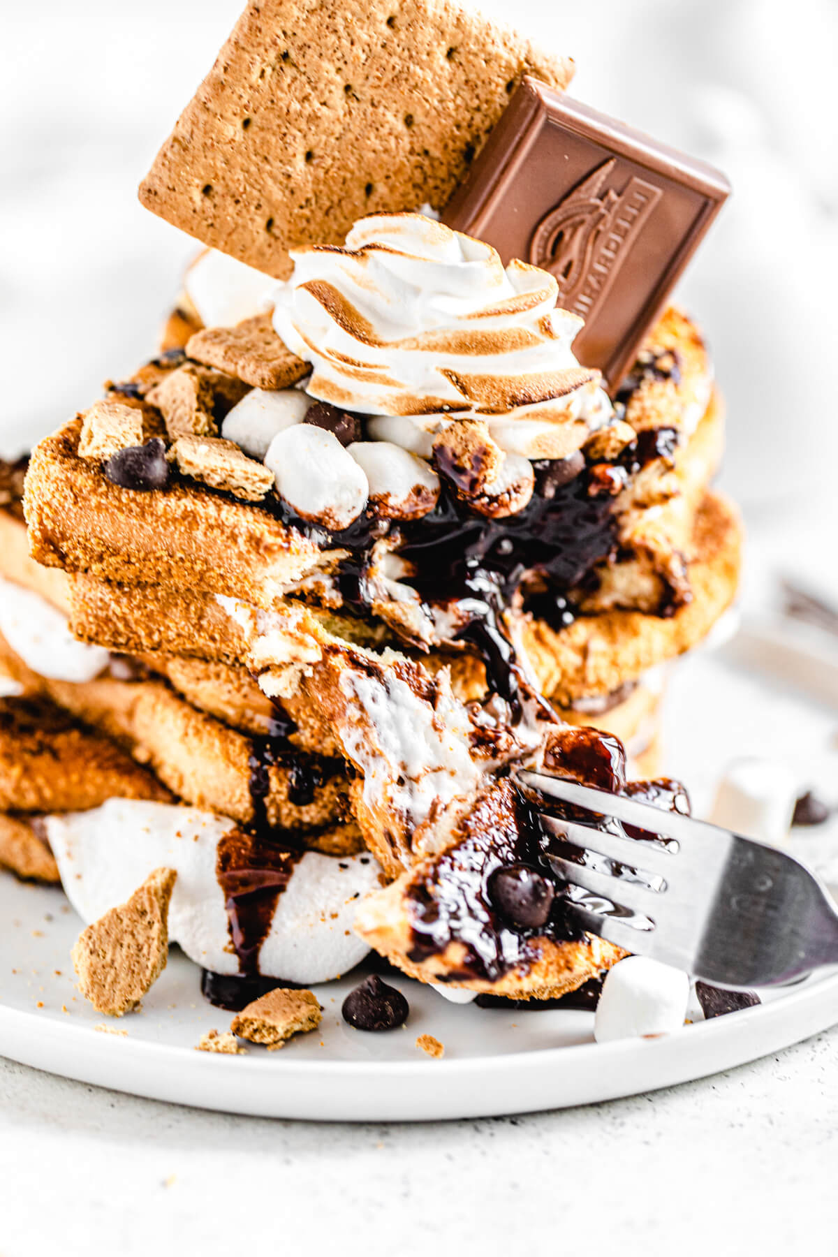 stack of s'mores flavoured French toast with a piece taken out