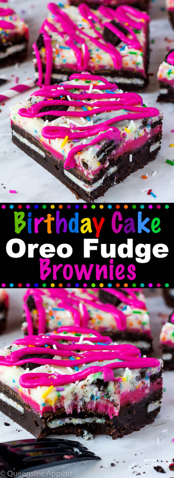 These Birthday Cake Oreo Fudge Brownies are super rich and decadent. Layers of fudgy Birthday Cake Oreo stuffed brownies and Funfetti fudge are topped with more Oreos and plenty of sprinkles. Drizzle these bars with hot pink candy melts and you’ve got a party in a brownie!