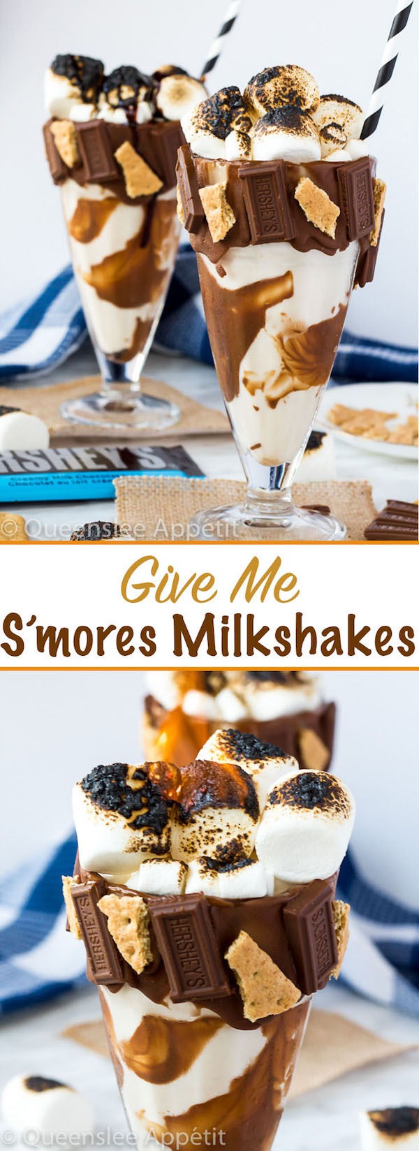 Give me S’mores Milkshake — milk chocolate and graham cracker decorated glass filled with a toasted marshmallow milkshake and topped with charred marshmallows! 