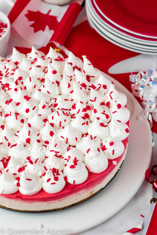 This No-Bake Canada Day Cheesecake is an unbelievably easy dessert that takes absolutely no time or effort to make! The red and white layers, cool whip topping and red and white sprinkles makes this the perfect dessert for Canada Day! 