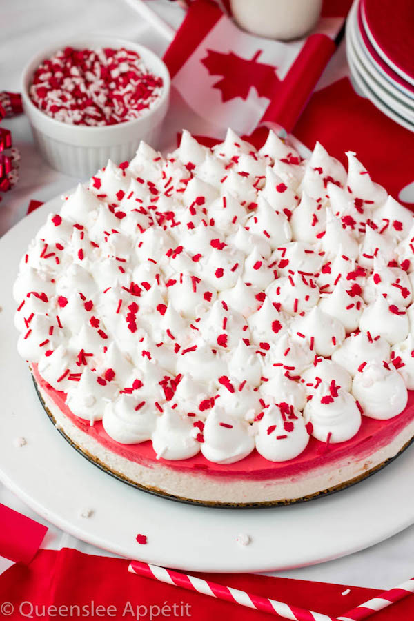 This No-Bake Canada Day Cheesecake is an unbelievably easy dessert that takes absolutely no time or effort to make! The red and white layers, cool whip topping and red and white sprinkles makes this the perfect dessert for Canada Day! 