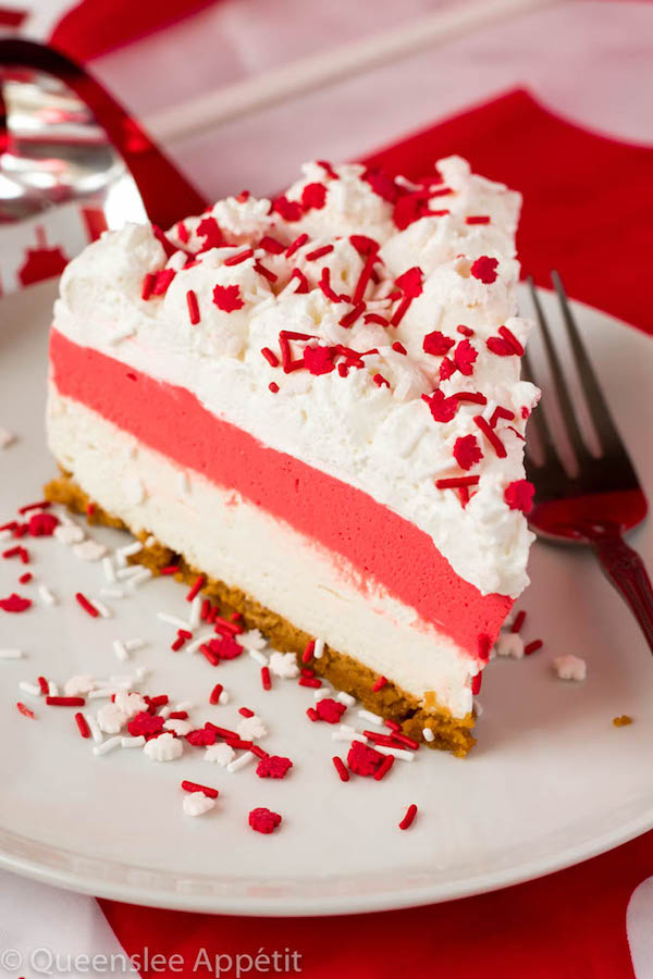 This No-Bake Canada Day Cheesecake is an unbelievably easy dessert that takes absolutely no time or effort to make! The red and white layers, cool whip topping and red and white sprinkles makes this the perfect dessert for Canada Day! 