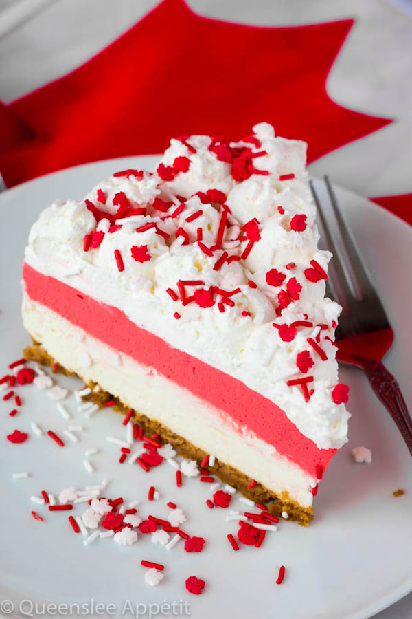 This No-Bake Canada Day Cheesecake is an unbelievably easy dessert that takes absolutely no time or effort to make! The red and white layers, cool whip topping and red and white sprinkles makes this the perfect dessert for Canada Day! 