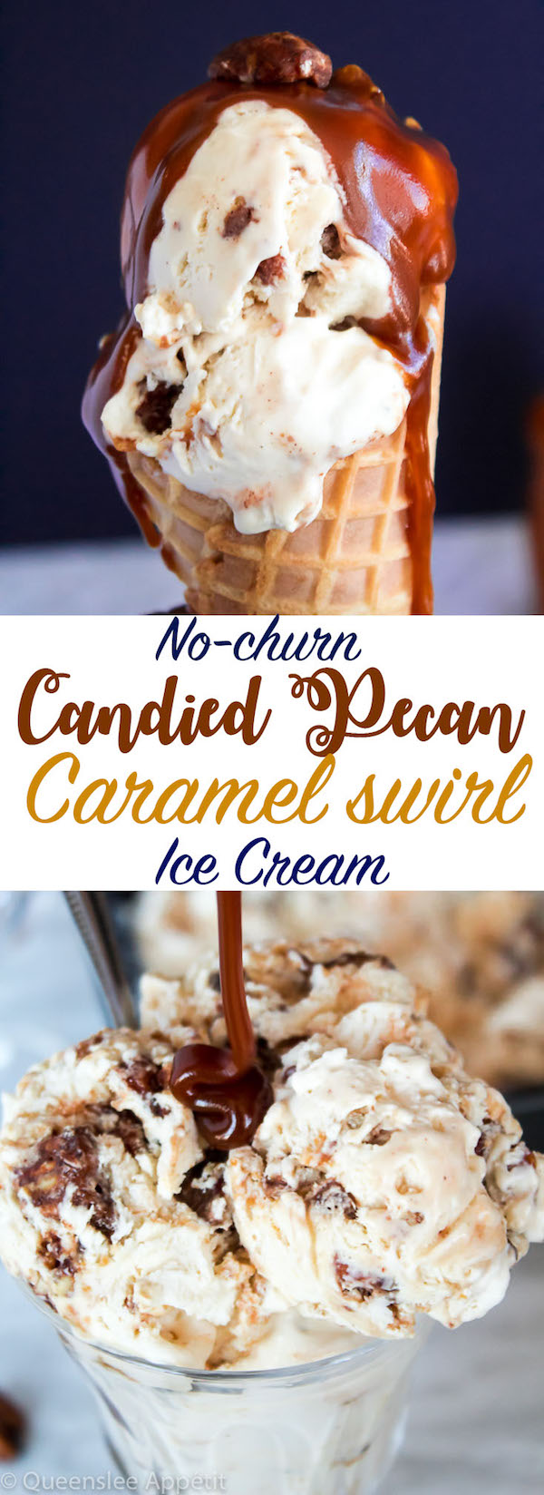 This No-Churn Candied Pecan Caramel Swirl Ice Cream starts with a simple creamy vanilla ice cream. Mix in chunks of crunchy, sweet candied pecan pieces and swirl in a ribbon of silky homemade caramel sauce for a super easy summer treat! 