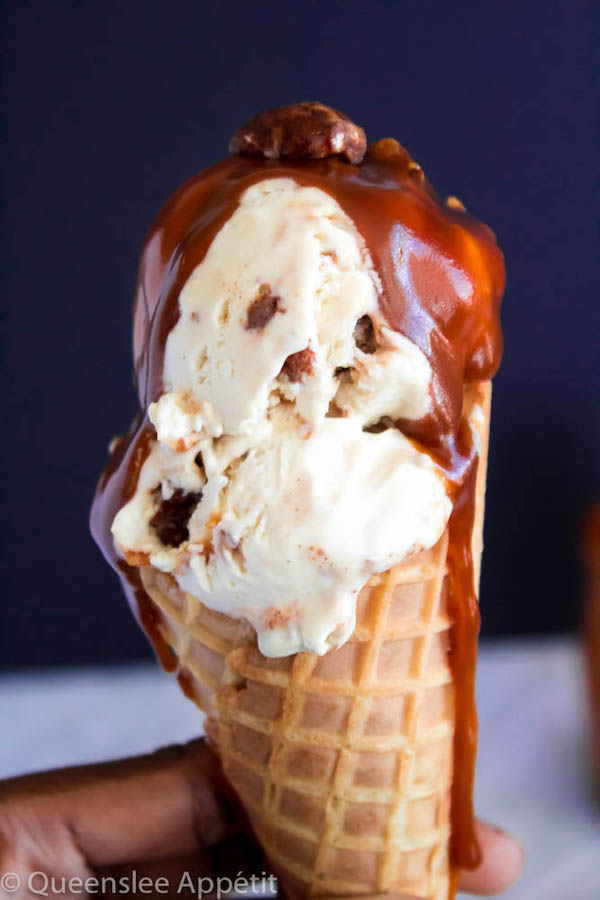 This No-Churn Candied Pecan Caramel Swirl Ice Cream starts with a simple creamy vanilla ice cream. Mix in chunks of crunchy, sweet candied pecan pieces and swirl in a ribbon of silky homemade caramel sauce for a super easy summer treat! 