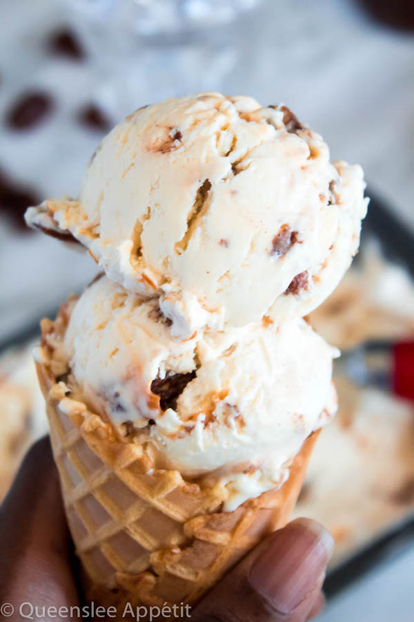 This No-Churn Candied Pecan Caramel Swirl Ice Cream starts with a simple creamy vanilla ice cream. Mix in chunks of crunchy, sweet candied pecan pieces and swirl in a ribbon of silky homemade caramel sauce for a super easy summer treat! 