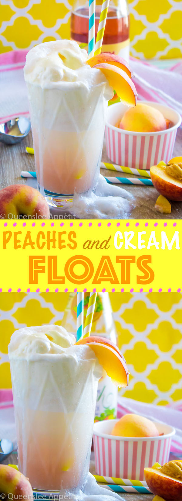 These Peaches and Cream Floats are a super delicious and refreshing drink. Scoops of creamy vanilla ice cream topped with a sparkling peach beverage and club soda. This fizzy drink is perfect for a hot summer day!  