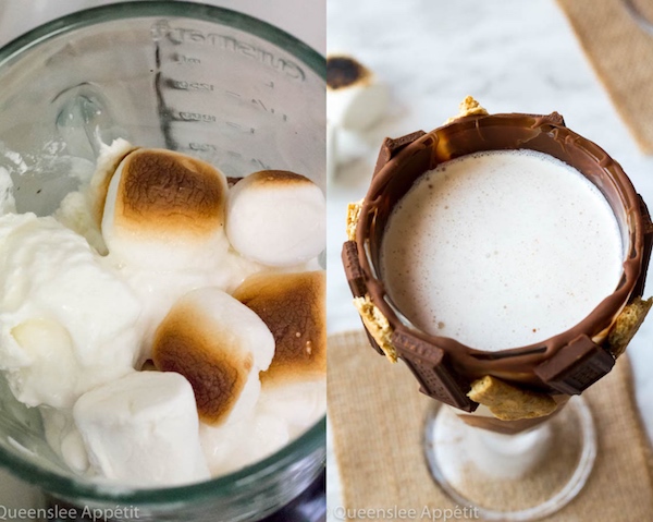 Give me S’mores Milkshake — milk chocolate and graham cracker decorated glass filled with a toasted marshmallow milkshake and topped with charred marshmallows! 