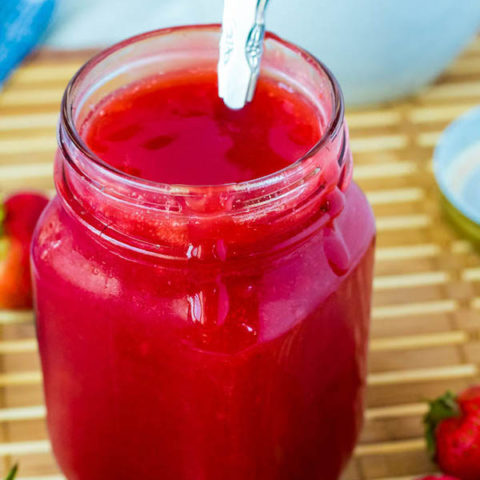 A simple 5-ingredient Homemade Strawberry Sauce. This sweet, fresh, thick and luscious sauce is the perfect topping for pancakes, waffles, ice cream, cheesecakes and more!  