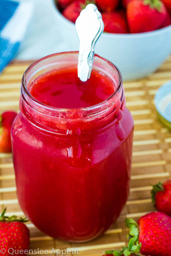 A simple 5-ingredient Homemade Strawberry Sauce. This sweet, fresh, thick and luscious sauce is the perfect topping for pancakes, waffles, ice cream, cheesecakes and more!  