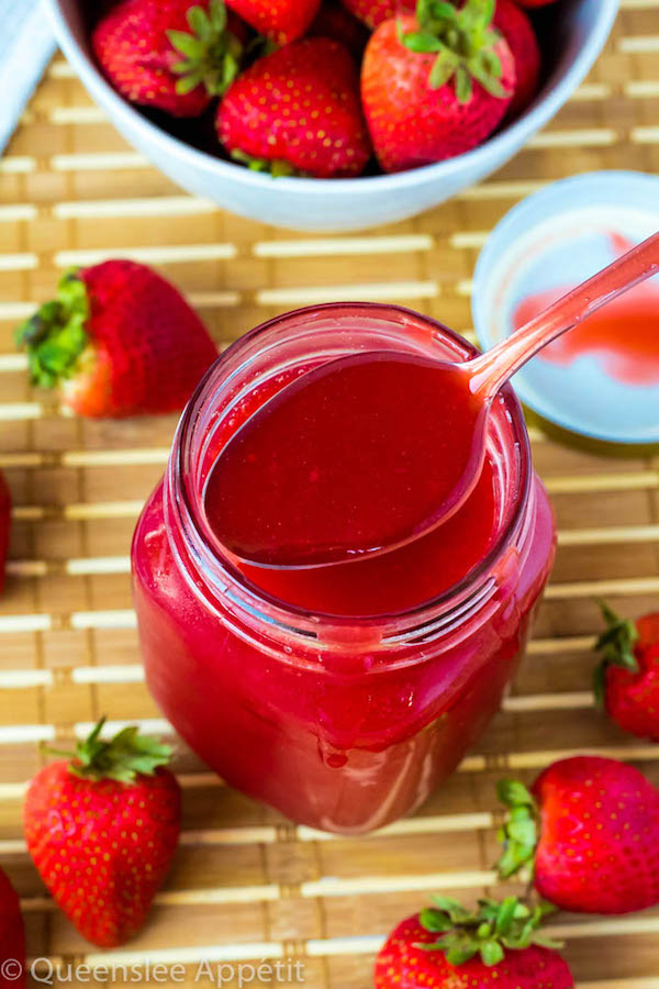 A simple 5-ingredient Homemade Strawberry Sauce. This sweet, fresh, thick and luscious sauce is the perfect topping for pancakes, waffles, ice cream, cheesecakes and more!  