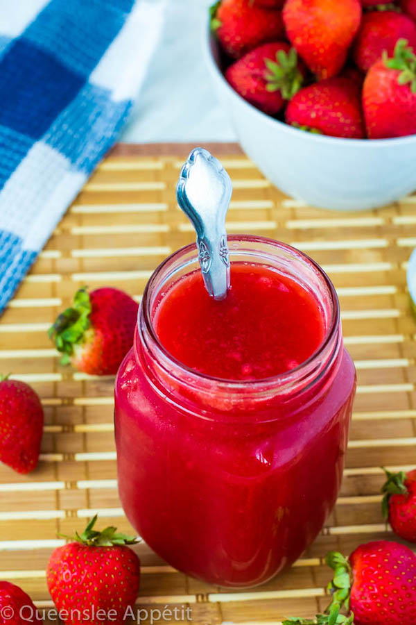 A simple 5-ingredient Homemade Strawberry Sauce. This sweet, fresh, thick and luscious sauce is the perfect topping for pancakes, waffles, ice cream, cheesecakes and more!  