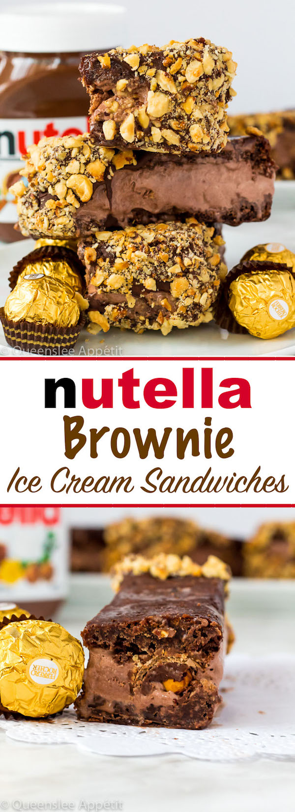 These Nutella Brownie Ice Cream Sandwiches feature Ferrero Rocher stuffed chocolate ice cream sandwiched between two fudgy Nutella brownies. These lovelies are taken to the next level with a chocolate/hazelnut coating! A fun treat for the summertime! 