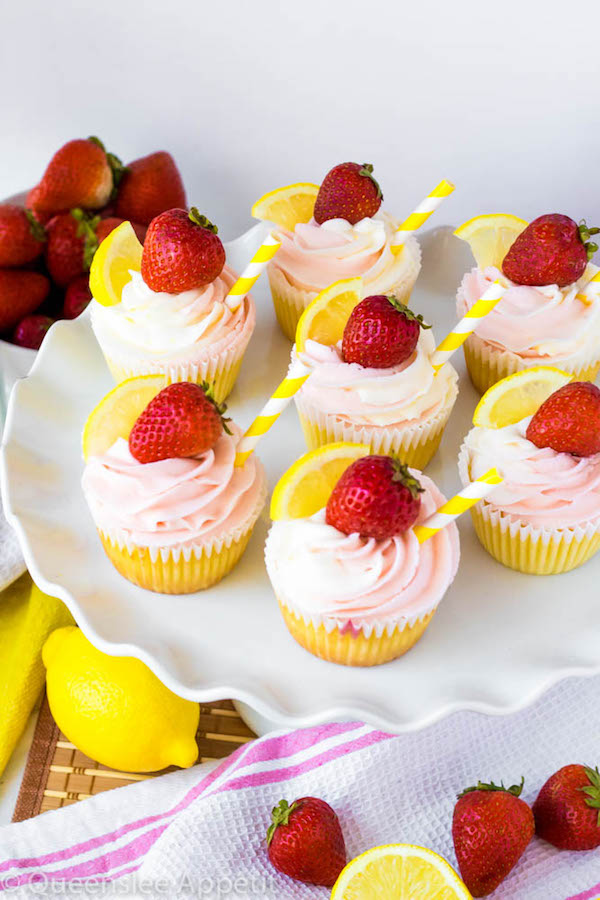 These Strawberry Lemon Cupcakes start with a moist, light and fluffy lemon cupcake that’s filled with homemade strawberry sauce and topped with fresh lemon and strawberry frosting.