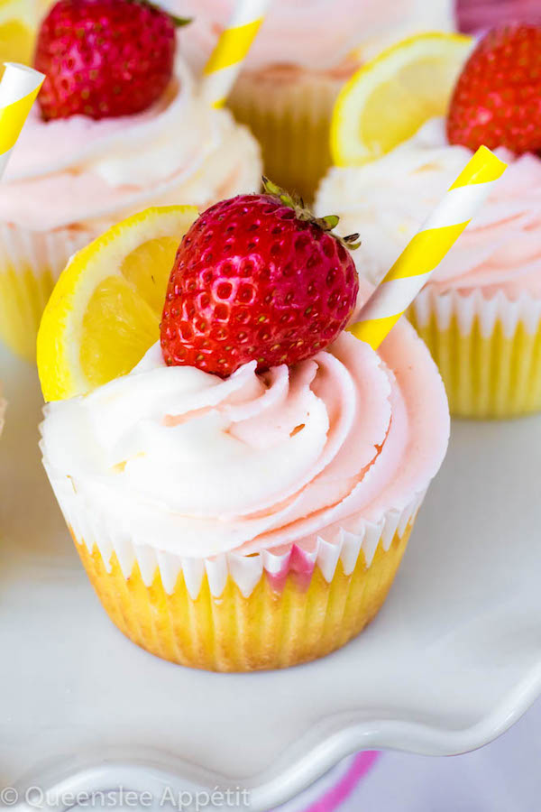 These Strawberry Lemon Cupcakes start with a moist, light and fluffy lemon cupcake that’s filled with homemade strawberry sauce and topped with fresh lemon and strawberry frosting.