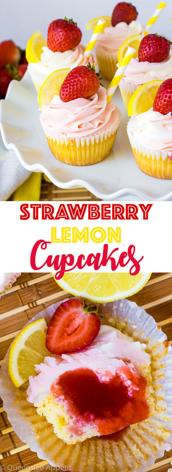 These Strawberry Lemon Cupcakes start with a moist, light and fluffy lemon cupcake that’s filled with homemade strawberry sauce and topped with fresh lemon and strawberry frosting.