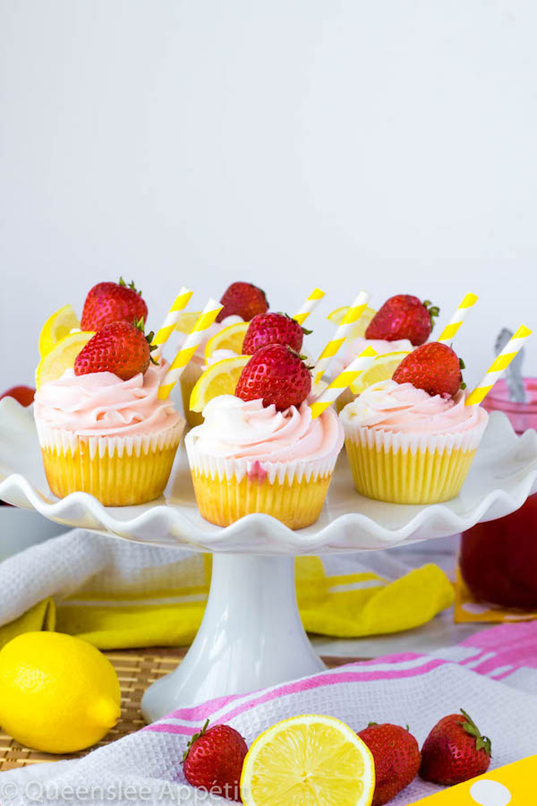 These Strawberry Lemon Cupcakes start with a moist, light and fluffy lemon cupcake that’s filled with homemade strawberry sauce and topped with fresh lemon and strawberry frosting.