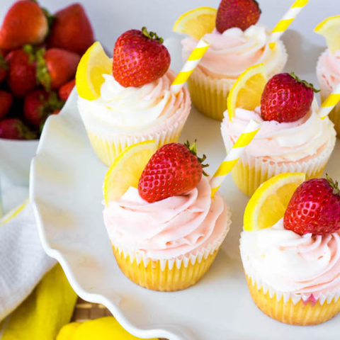These Strawberry Lemon Cupcakes start with a moist, light and fluffy lemon cupcake that’s filled with homemade strawberry sauce and topped with fresh lemon and strawberry frosting.