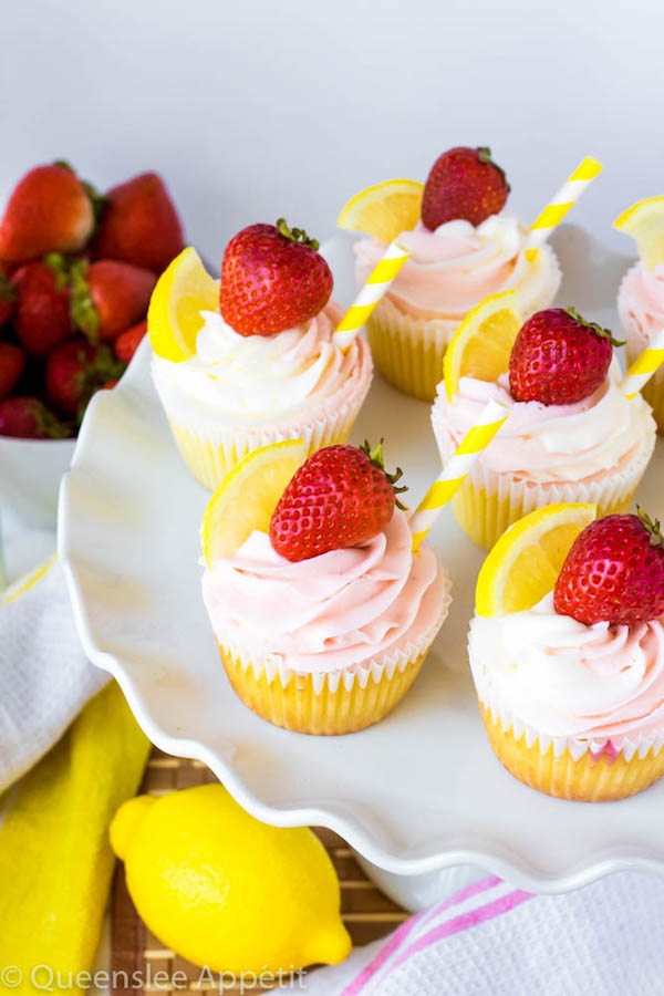 These Strawberry Lemon Cupcakes start with a moist, light and fluffy lemon cupcake that’s filled with homemade strawberry sauce and topped with fresh lemon and strawberry frosting.