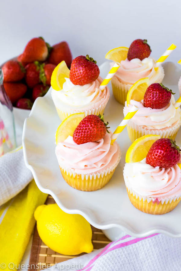 These Strawberry Lemon Cupcakes start with a moist, light and fluffy lemon cupcake that’s filled with homemade strawberry sauce and topped with fresh lemon and strawberry frosting.